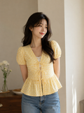 Lemon Gingham Tie-Front Peplum Top
